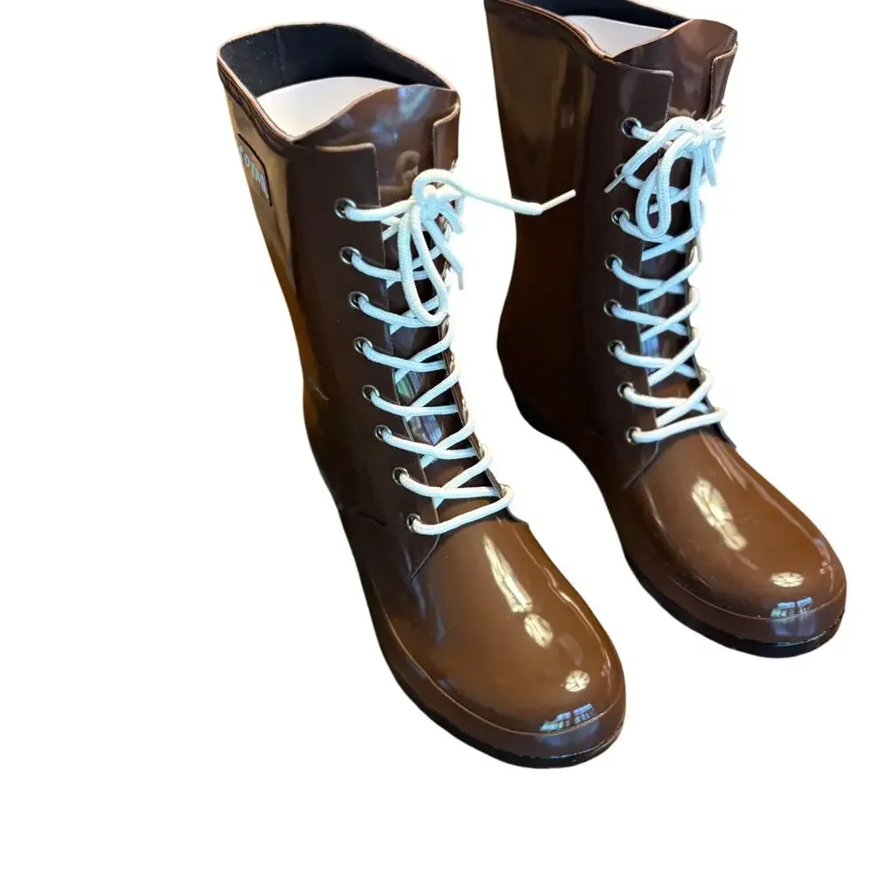Roma Epaga Combat Mid Rain Boots 10 NWT Brown Mid Calf Wellies Lace Up